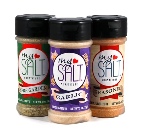 Image of MySALT Flavors Trio - Garlic, Seasoned & Herb Garden - Sodium-Free Seasonings - For Steak, Chicken, Veggies & Everyday Meals - 3 Pack
