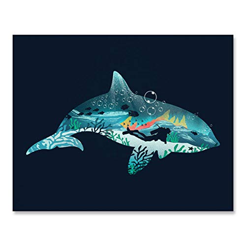 Dolphin Ocean Landscape Art Print Beautiful Underwater Sea Creatures Fish Life Inspiration Wall Art Scuba Diving Killer Whale Nautical Poster Coral Seaweed Swim Beach House Home Decor 8 x 10 Art Print
