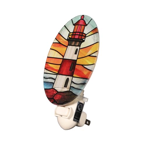 Image of Lighthouse Stained Glass Styled Night Light Plug in - Made with Real Glass, Bulb Included, On /Off Switch - Nautical Beach Theme Bathroom, or Beach House Accent Light Dusk Orange