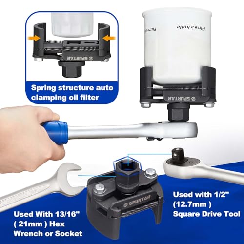 Spurtar Adjustable Oil Filter Wrench 2-3/8 to 3-1/8 inch 60-80mm Universal Oil Filter Removal Tool 1/2'' Drive Cap Style Oil Filter Tool Fits Small Medium-sized Spin-on Oil Filters UTV JetSkis