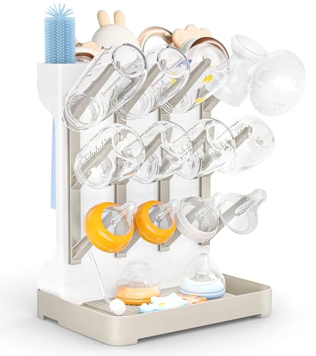 Image of GoMaihe Baby Bottle Drying Rack: Space Saving Vertical Bottle Dryer Holder - Baby Accessories Storage Stand Organize Brushes Pacifiers on Countertop - BPA-Free - Beige
