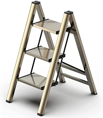 Foldable Step Ladder 3 Stepping Stool-Aluminium Kitchen Step Stools,Folding 330lbs Lightweight Ladders with Anti-Slip Wide Pedal,Portable Kids/Adults Small Ladder for Library,Closet,Golden