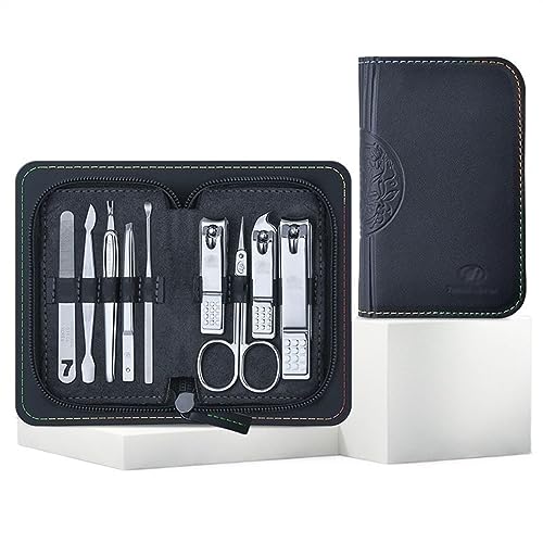 Juego de cortaúñas de 9 piezas, kit de aseo de manicura y pedicura, tijeras profesionales para el cuidado de uñas de dedos y pies, herramientas de corte con exquisita funda de cuero, kits de aseo de