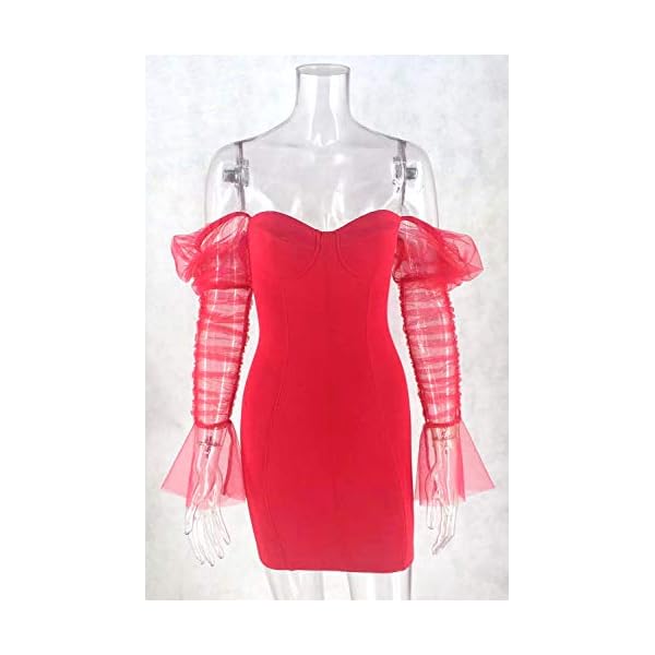 L'VOW Women's Sexy See-Through Mesh Sheer Puff Long Sleeve Club Dress Bodysuit Clubwear(Red,XX-Large)