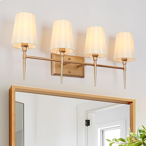 Image of KSANA Gold Bathroom Light Fixtures, 4 Light Modern Vanity Lights for Bathroom with White Fabric Shade, 29 Inch Bathroom Lighting Lights Fixtures Over Mirror