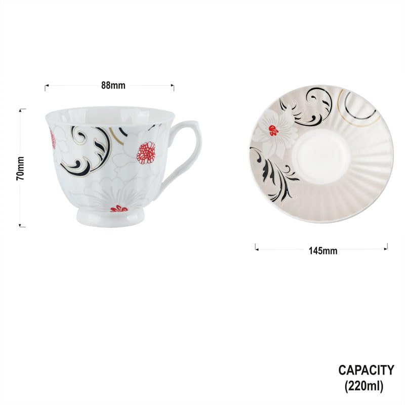 Image of Dandy Lines Classic Blossom Bliss Cup and Saucer, Cups + Saucers, Luxury Tea Cups for 6, Ceramic, Pack of 12, Microwave & Dishwasher Safe, Great for Hosting & Gifting