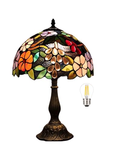 Bidesen lámpara Tiffany de 30 cm, lámpara de mesa con decoración de rosas, con enchufe EU e interruptor, pantalla de cristal multicolor, adecuada para mesita de noche u oficina