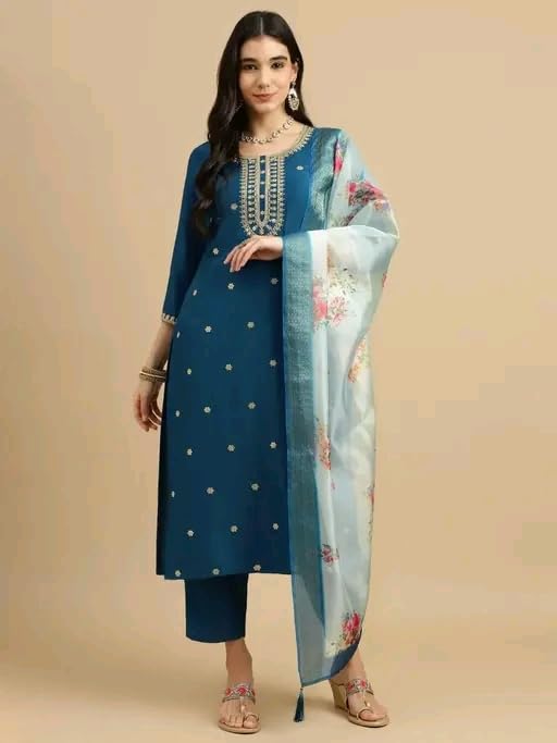 Image of Women's Embroidered Straight Kurta Set with Pant and Floral Silk Dupatta