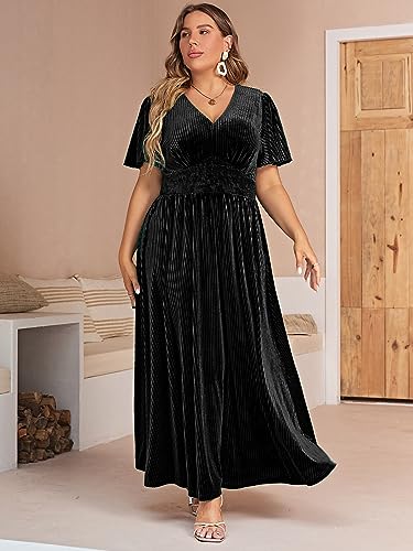Image of Simplee Women's V Neck Velvet Maxi Dress Short Sleeve Empire Waist Long Formal Dress for Wedding Guest