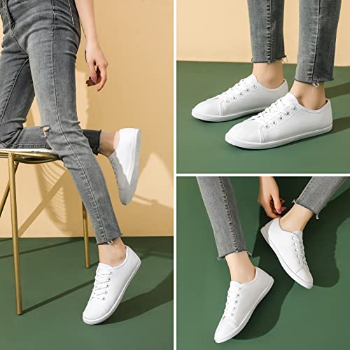 Image of Shupua Women's Casual Canvas Sneakers, White, Lace Up Flats