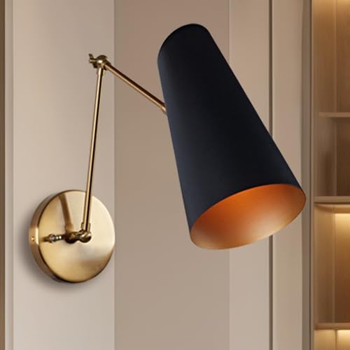 Image of Elegant Articulating Mid-Century Modern Metal Bedroom Reading Wall Scocne | Multi-Color Available, Streamlined Design Metal Wall Light for Living Room, lounge Room, (Brass Pole with Bronze)