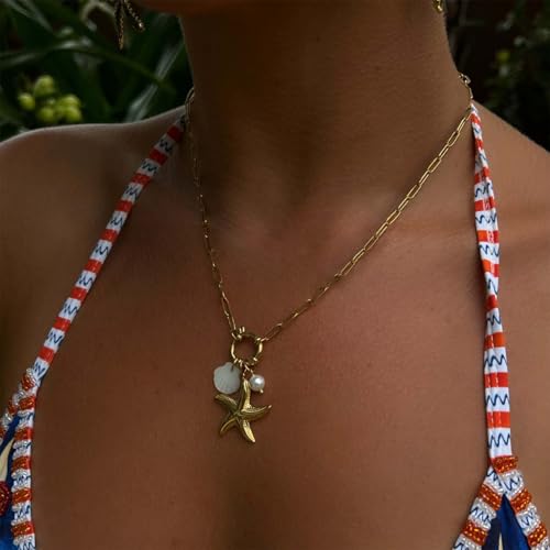 Gold Plated Summer Beach Necklace for Women Metal Starfish Seashell Necklace Vacation Jewelry2