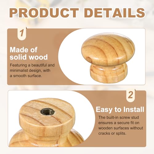 uxcell 6 Pcs Wood Drawer Knobs, Round Single Hole Wooden Cabinet Knobs Mushroom Shape Handle Pulls with Screws for Furniture Closet Dresser, Wood Color, 34.5x27.5mm/1.36x1.08inch (DiaxH) by uxcell - Used condition - Image 3