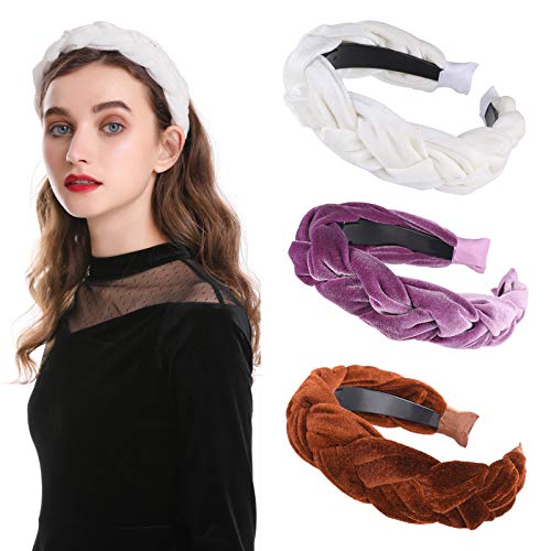 Velvet Braided Flock Padded Headband - AWAYTR Spanish Vintage Style Alice Hair band Matador Headband (purple+white+coffee)