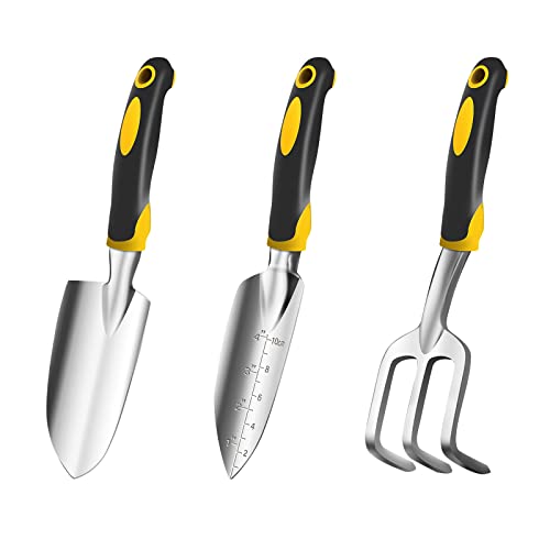 iPower 3Pcs Garden Tool Set, Heavy Duty Aluminum Gardening Kit Includes Hand Trowel, Transplant Trowel and Cultivator Hand Rake, Ergonomic Rubberized Non-Slip Handle