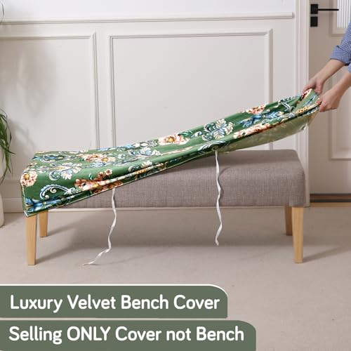 Image of HOKIPO Premium Printed Velvet Elastic Dining Bench Cover, Green Victorian Garden (AR-5798-D4)