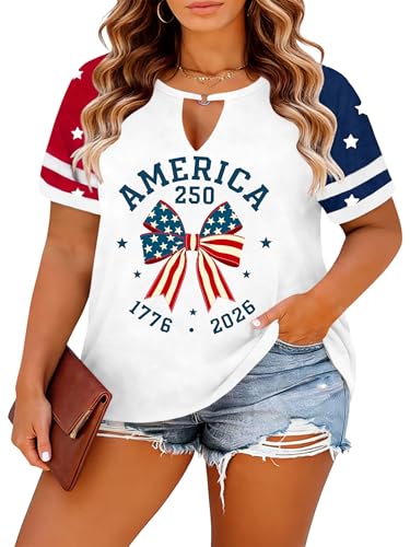Image of Ithalt Plus Size American Flag Shirt Women Bow T Shirt 4th of July Shirts USA Patriotic V Neck Tees for Independence Day