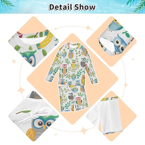 Owl Spring Leaf Boys Swimsuit Rash Guard Toddler Kids Long Sleeve Swim Shirt and Trunks Swimwear Set 3-10Y3