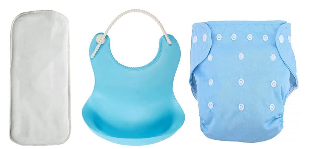 Pack of 1 Baby Reusable Cloth Diaper With 1 Microfiber Bamboo Insert Booster And 1 Reusable Feeding Cotton Bib Combo For Toddlers/New Borns(BLUE)-image-11
