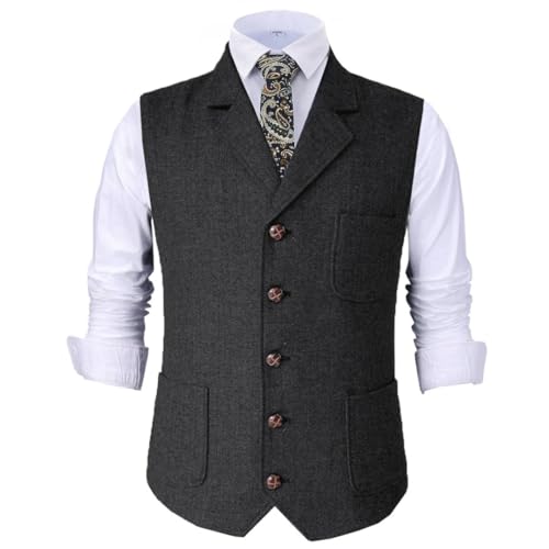 Men’S Herringbone Lapel Vest Single Breasted V-Neck Formal Waistcoat For Wedding Groom Business Casual Work4