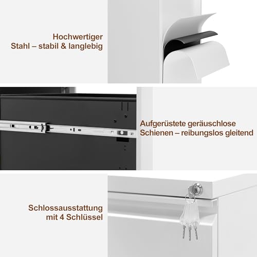 LVSTEEL Rollcontainer, Aktenschrank Abschließbar mit 4 Schlüsseln, Aktenschrank unter Schreibtisch, mit 2 Schublade, Vormontiert… – Ansicht 3