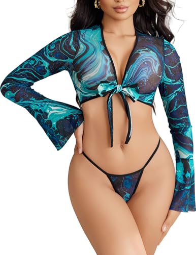 Image of Avidlove Sheer Cardigan for Women Mesh Shrug Bolero Y2K Tie Front Tops Rave Outfits Short Shawl Top with Free G-String
