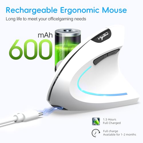 Image of Ergonomic Vertical Mouse, Bluetooth Rechargeable Wireless Mouse with 800 /1200 /1600 DPI, 6 Silent Buttons, Computer Mice for Windows, Linux, Mac
