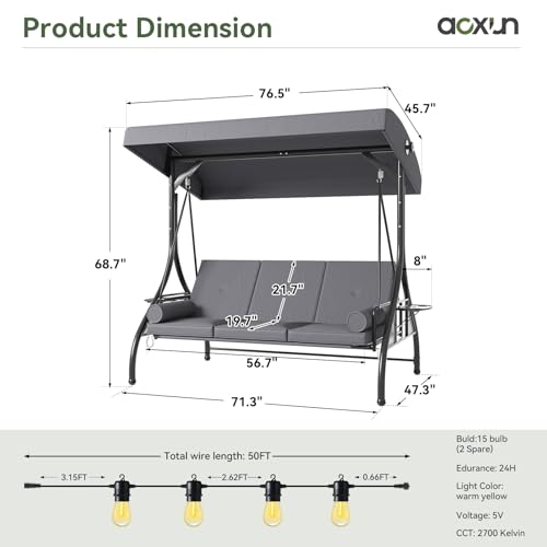 Image of Aoxun Outdoor Porch Swing with Stand and Canopy, 3 Seats Outdoor Swings for Adults, Convertible 2 in 1 Swing Bed with Cup Holder, Patio Swings with String Lights for Garden, Yard & Balcony, Grey