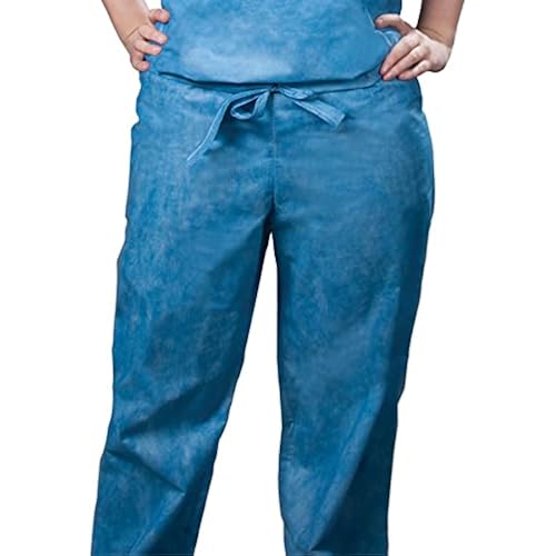 50 Pack Tronex Multilayer Spunbond Blue Disposable Scrub Pants With Back Pockets Fluid Resistant Bottoms (Small)