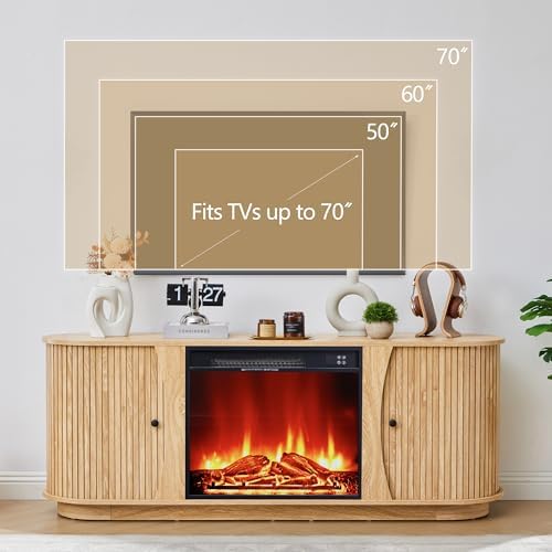 63" Fireplace TV Stand for TVs Up to 70" with 23" Electric Fireplace, Mid-Century Modern Fluted TV Media Console Table with Storage and Shelf, Curved Edge Entertainment Center for Living Room(Natural) - Thumbnail 4
