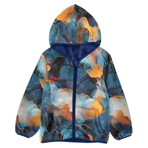 Boys Girls Fleece Jacket Dark Blue Orange Water Texture Kids Warm Hooded Outwear Coat