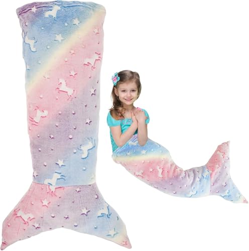 Manta de cola de sirena para niños, 100 x 50 cm, manta luminosa de sirena colorida, manta de franela suave, saco de dormir de sirena con doble costura para niñas de 3 a 6 años (rosa morado)