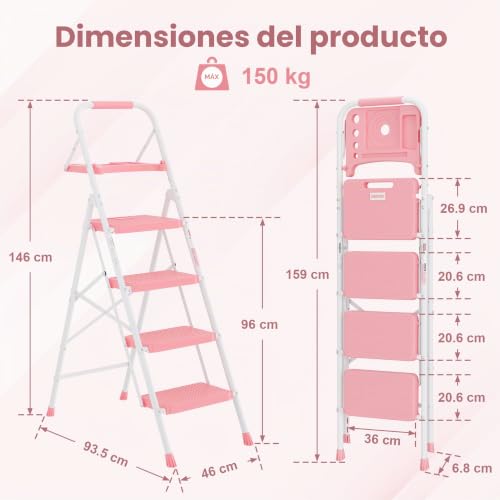 Escaleras plegables de 4 escalones para el hogar, taburete rosa BONTEC de acero con mango suave 3