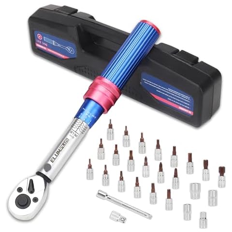 ELUMPLUS 27PC Bike Torque Wrench 1/4 Drive 10-90 IN.LB (1.1-10.1NM), Click Torque Wrench with Hex/Torx/Philips/Slotted Bit Sockets, Portable Storage Case Cover