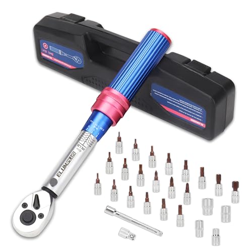 ELUMPLUS 27PC Bike Torque Wrench 1/4 Drive 10-90 IN.LB (1.1-10.1NM), Click Torque Wrench with Hex/Torx/Philips/Slotted Bit Sockets, Portable Storage Case