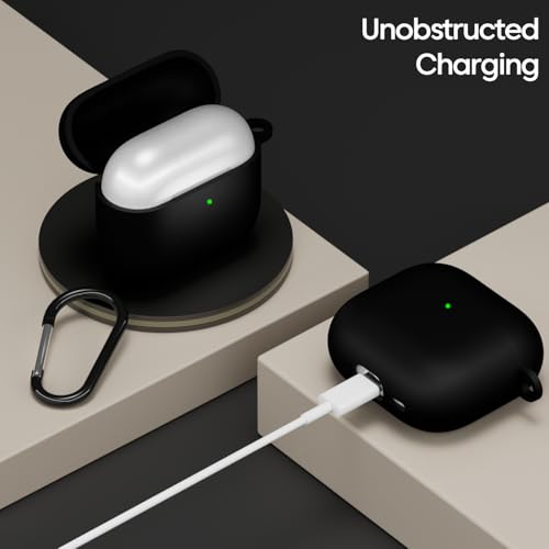 Image of Sounce Silicone Case Cover Compatible with AirPods 4th Generation 2024 Soft Shockproof Skin Protective Cover with Front LED Visibility Wireless Charging Support Keychain Accessory (Black)