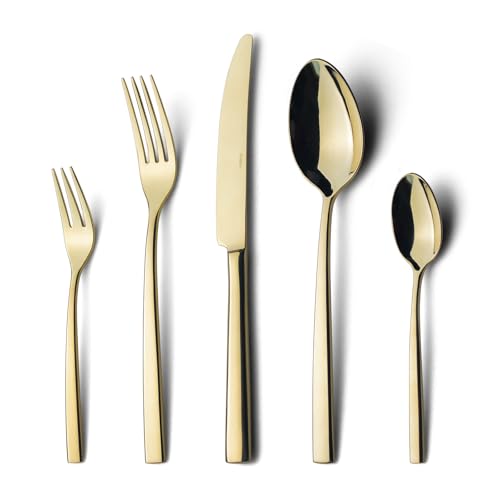 Alata Konrad 18/10 Edelstahl Poliert Champagner Gold, Besteck Set 6 Personen, Essbesteck 30 teilig, Monobloc-Messer, Glänzend, Spülmaschinenfest