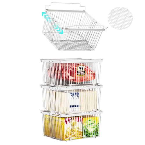 ANJUBAN Large Freezer Organizer Bins，Upgraded Bottom Leak-Proof net，Fit 5 to 9 Cu Ft Chest Freezer，4 Pack， Expandable Stackable Chest Freezer Containers with Handle (White-4P)
