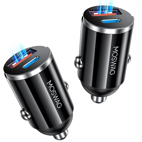 MOSWAG Car Charger [2 Pack]MOSWAG Mini Dual-Port Car Charger, QC 3.0 USB-C & USB-A Fast Charger Adapter, 48W Cigarette Lighter Charger Compatible with iPhone 16/15 Pro/Pro Max, Galaxy S25/S24/Ultra
