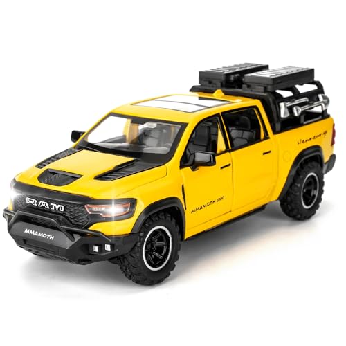 TGRCM-CZ Dodge Ram Mammoth Pick-Up Truck Modell Auto, Zink Legierung Pull Back Spielzeugauto mit Ton und Licht für Kinder Jungen Mädchen Geschenk (gelb)