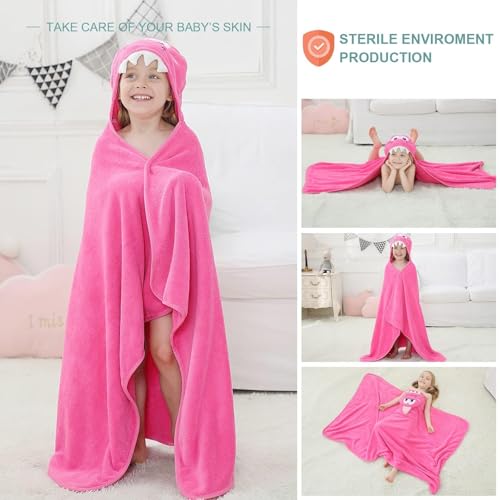 Image of MICHLEY Cartoon Hooded Baby Towel Unisex, Premium Soft Swimming Bathrobe Large Washcloths 31.5 inch x 53 inch for 0-9T (Pink Dinosaur)