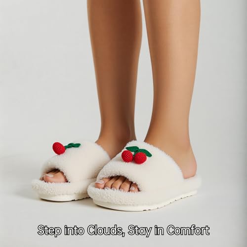 Cute Cherry Design Fluffy Warm Fuzzy Slippers Comfy Autumn Winter Indoor Outdoor Slippers3