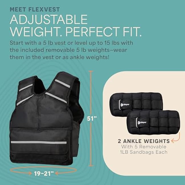 Lifepro 2-in-1 Adjustable Weighted Vest + Ankle Weights (15 & 20lbs) - Running weighted vest for Women & Men with Reflective Stripe, Phone Pocket - Workout Equipment for Strength Training & Fitness