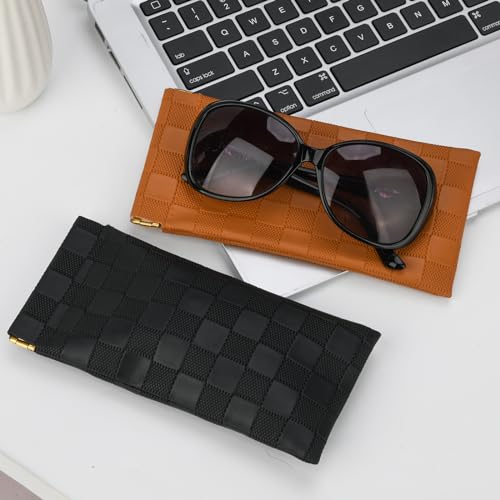 Image of Sightor Sunglasses Case, 2 Pcs Soft Eyeglass Cases Checkered Sunglass Case Portable Squeeze Top Leather Glasses Pouch
