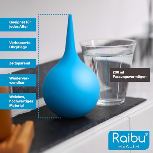 Raibu Ohrenreiniger 200ml - Ohrenschmalz Entferner für Babys, Kinder & Erwachsene - Sicherer & Wiederverwendbarer Ohrreiniger - Ohrendusche & Ohrsauger, perfekt zur Ohrreinigung