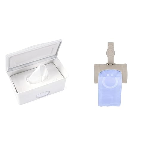 Ubbi Dispensador de toallitas para bebés con plato pesado, dispensador retráctil de bolsas de pañales para llevar con 24 bolsas perfumadas