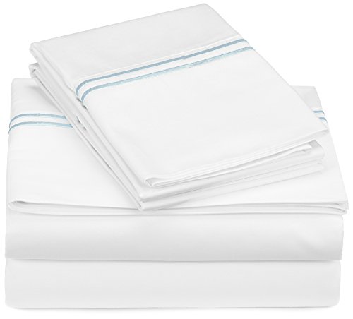 Amazon Brand – Pinzon 400-Thread-Count Hotel Stitch Sheet Set - Queen, Silver Blue Stripes