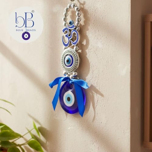 Image of BLUE BEADS Ceramic Turkish Feng Shui Vastu Blue Glass Evil Eye Hanging /Door Hanging Nazar Batu For Protection And Good Luck - Perfect For Gifting Home Or Office (Om)