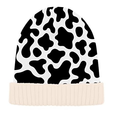 Beanie Hats for Men Women, Unisex Cow Print Cuffed Beanies Lightweight Winter Knit Hat Cap White, White Cover