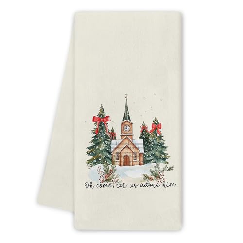 Noaleviax Christian Christmas Kitchen Towels - Retro Christmas Navidad Church Decor Bible Verse Gifts Oh Come Let Us Adore Him Winter Hand Towels Dish Towels for Kitchen Bathroom 16x24